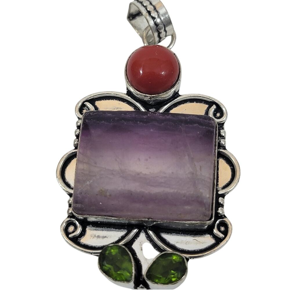 Handmade Silver Pendant with Banded Amethyst Jasper and Green Quartz Trio